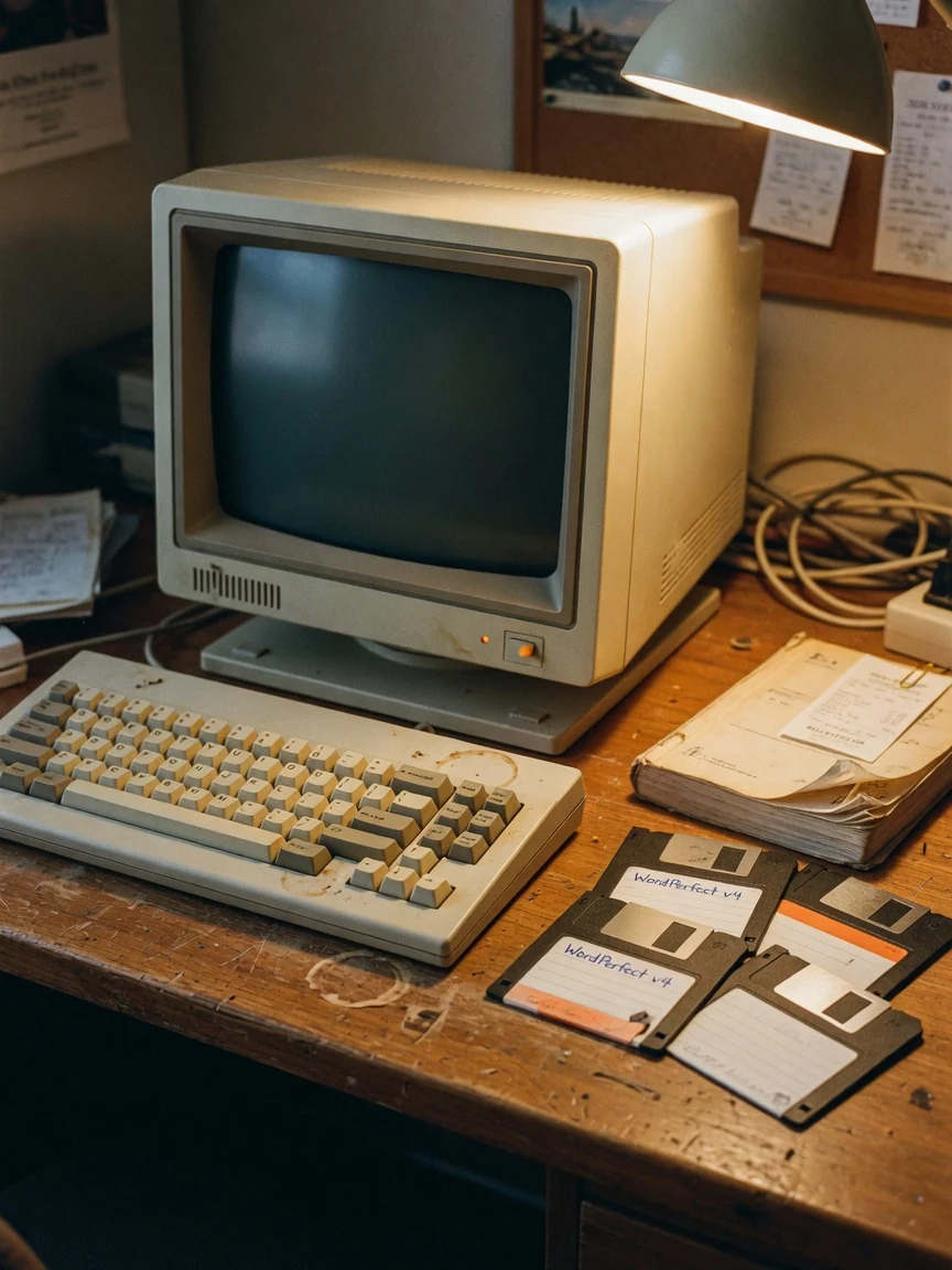 A vintage early-1980s beige personal computer and CRT monitor with a mechanical keyboard on a wooden desk, floppy disks and a manual under warm lamplight.