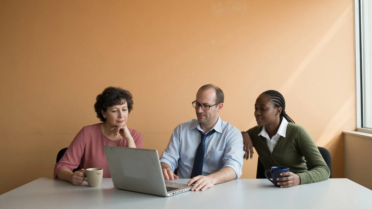 A small-business team gathered around a single open laptop at a table during a hands-on AI training workshop, one person pointing at the screen while the others take notes, warm natural window light.