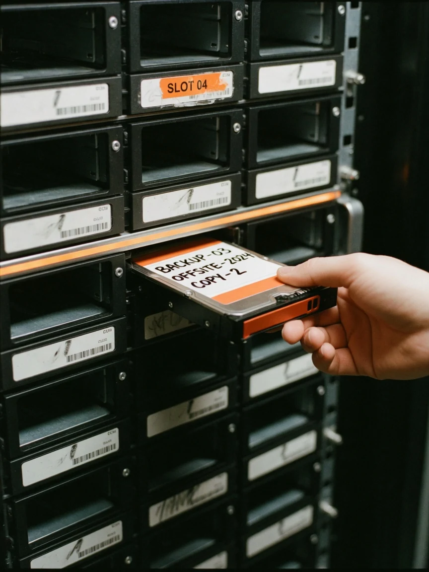 A hand pulling a hand-labeled offsite backup drive from a rack of labeled drive bays, redundant copies.