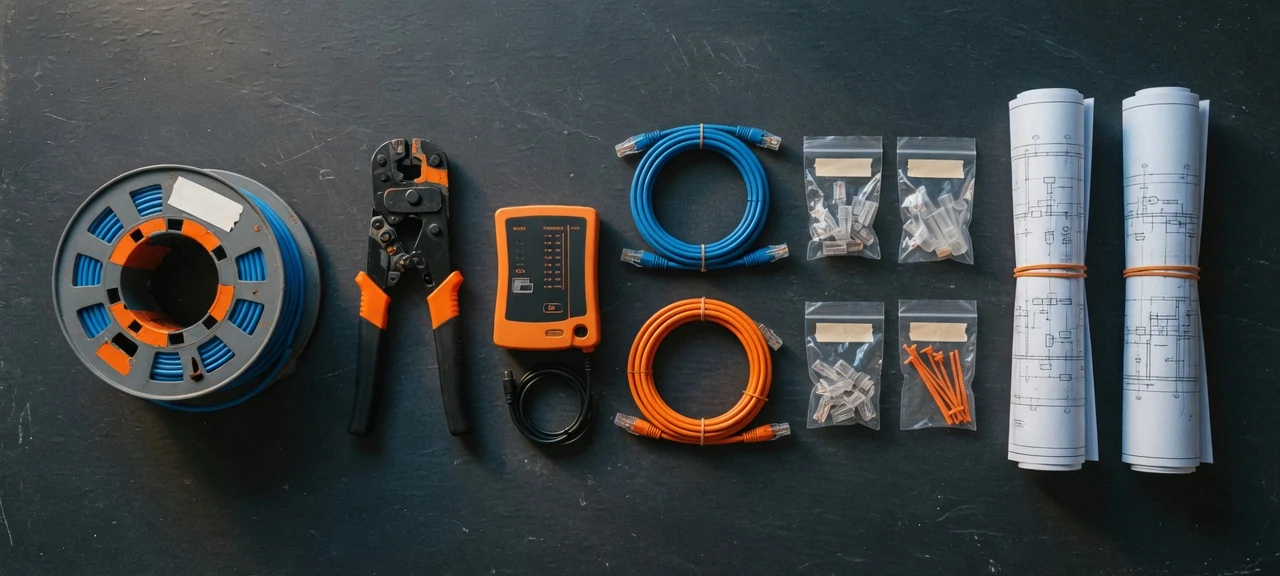 A knolled flat-lay of a network buildout kit on dark slate: a cable reel, crimpers, a cable tester, coiled blue and orange patch cables, parts bags, and rolled rack blueprints.