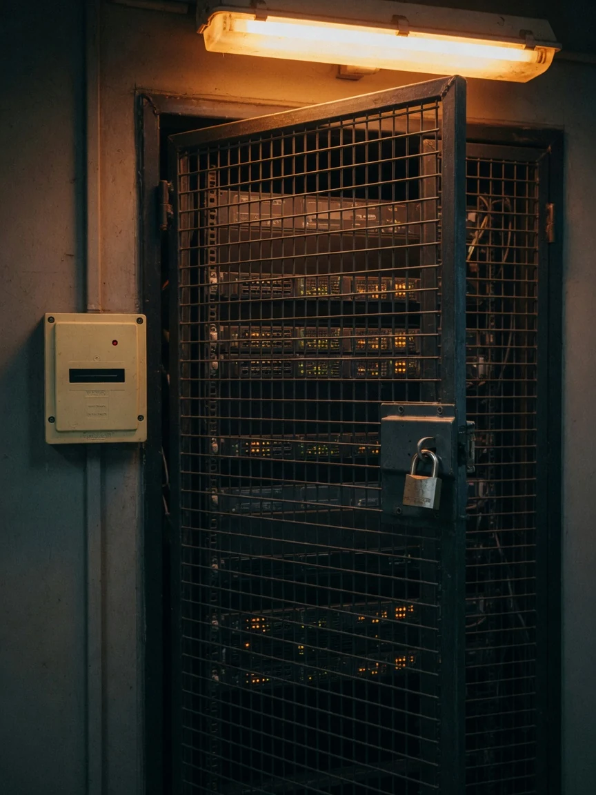 A secure server cage with a heavy steel mesh door slightly ajar over LED-lit servers, a real padlock latched on the door and a badge reader on the wall under a warm practical light.