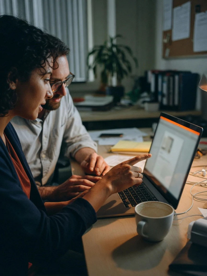 Two colleagues at a desk reviewing a laptop together, one pointing at the screen, in a warm natural office with a coffee mug and papers.