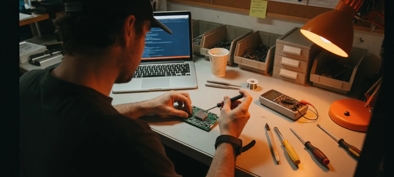 An IT technician at a real workbench soldering a circuit board beside an open laptop, a multimeter, hand tools, and parts bins under a warm task lamp.