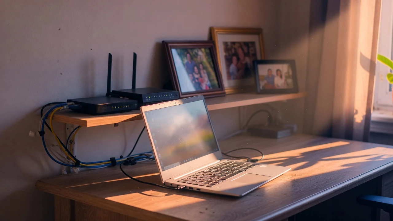 A home desk in late-afternoon sunlight: an open laptop, a small router and switch on a wall shelf above with blue and yellow network cables neatly run, and framed family photographs softly out of focus behind.