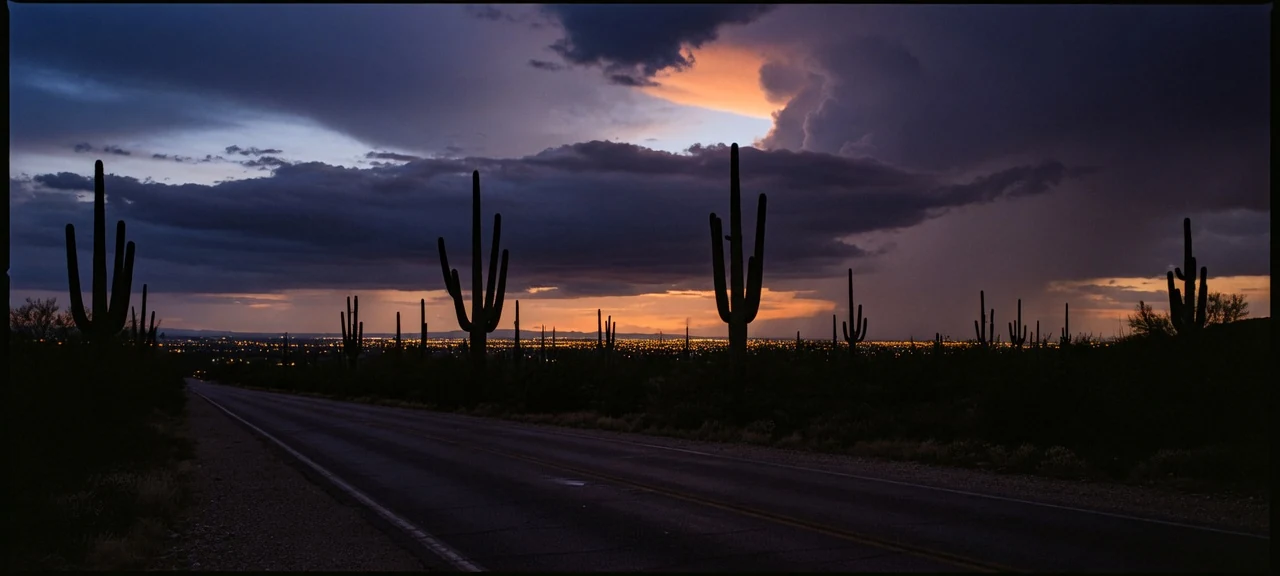 Sonoran monsoon twilight outside Tucson: saguaro silhouettes and a quiet two-lane service road, with the city lights of the valley glowing beneath a break of warm storm light.