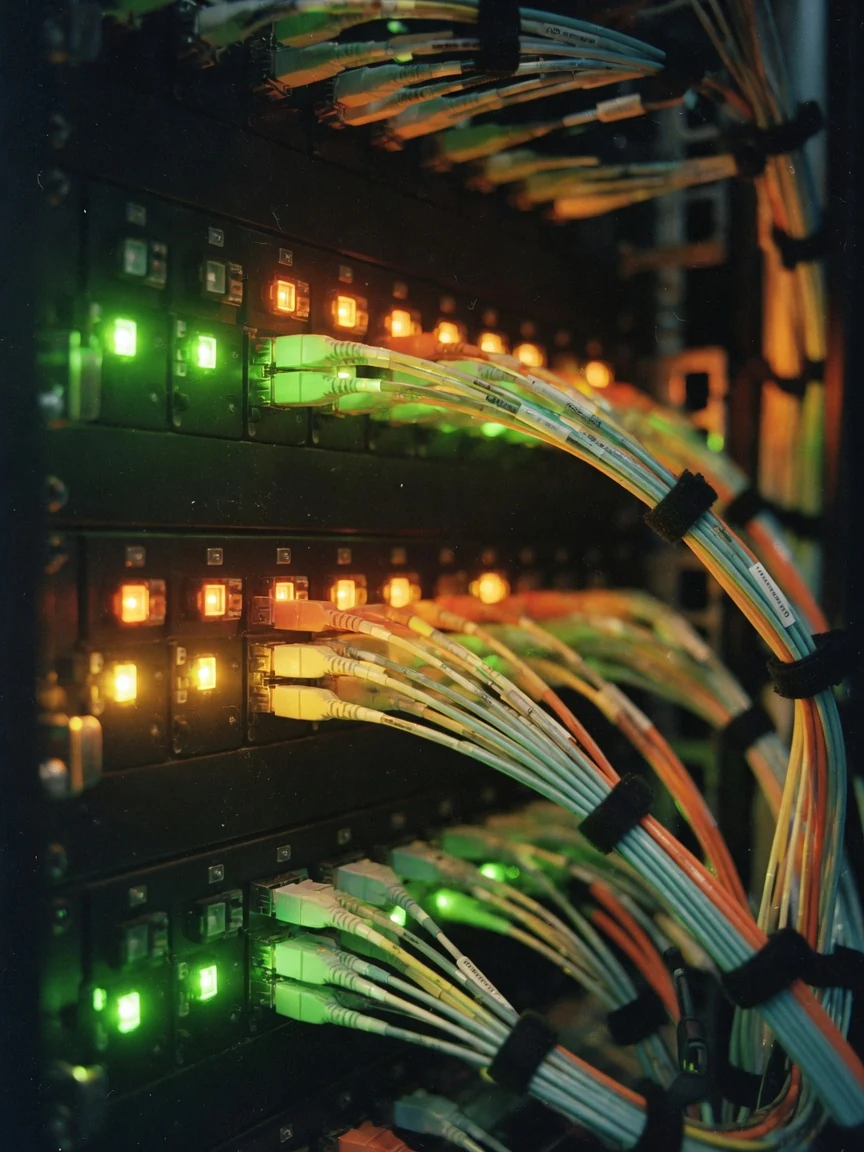 A close-up of glowing green and amber server status LEDs and neat bundles of fiber-optic patch cables in a hosting rack, uptime and redundancy.