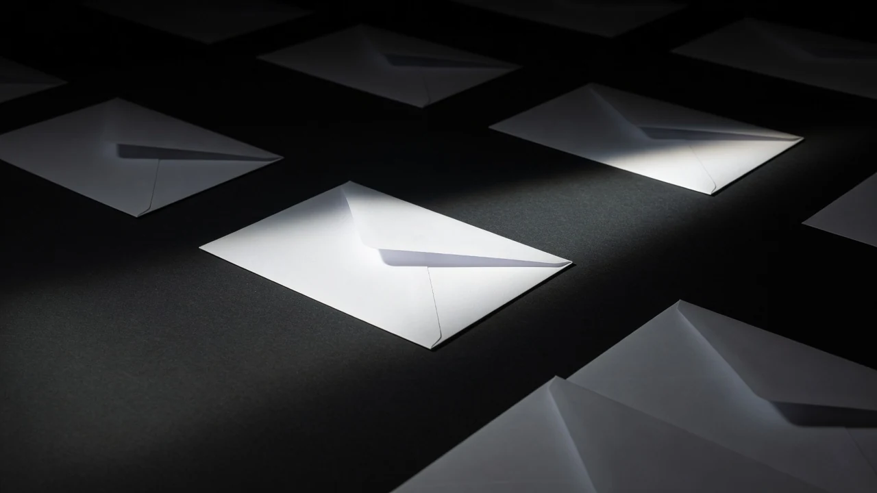 A single plain white envelope picked out by a hard spotlight on a dark surface, several identical envelopes receding into deep shadow around it.