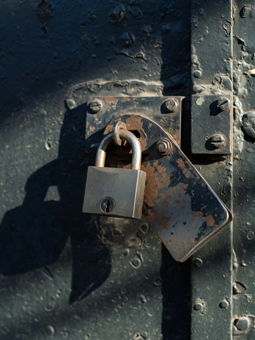 A heavy padlock and hasp on a weathered dark metal door, hard raking side light picking out the texture of the metal.