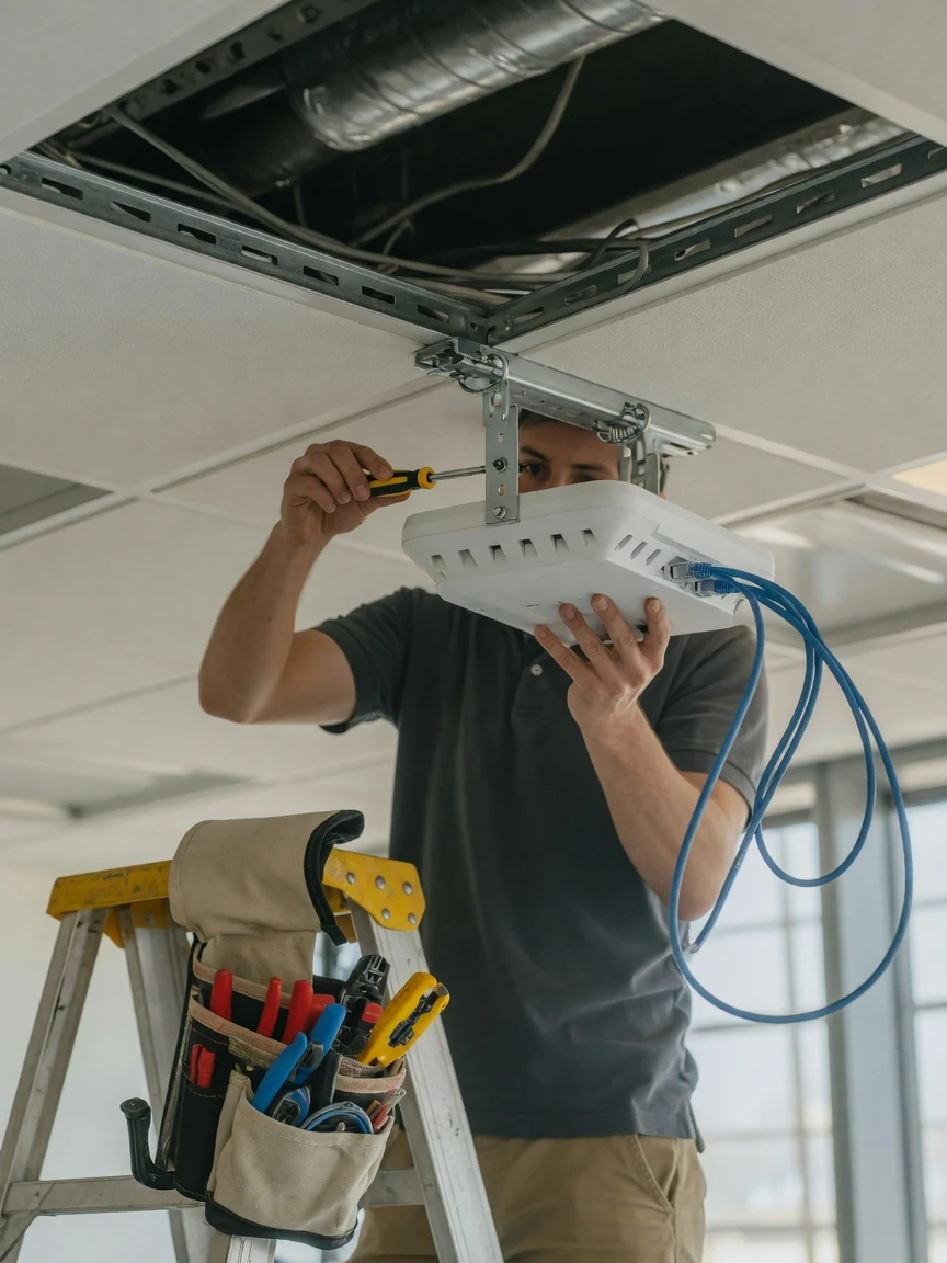 A technician on a step ladder fixing a white wireless access point to the metal grid of an office drop ceiling, a blue network cable plugged into its underside, a tool pouch of crimpers and drivers hanging beside him.