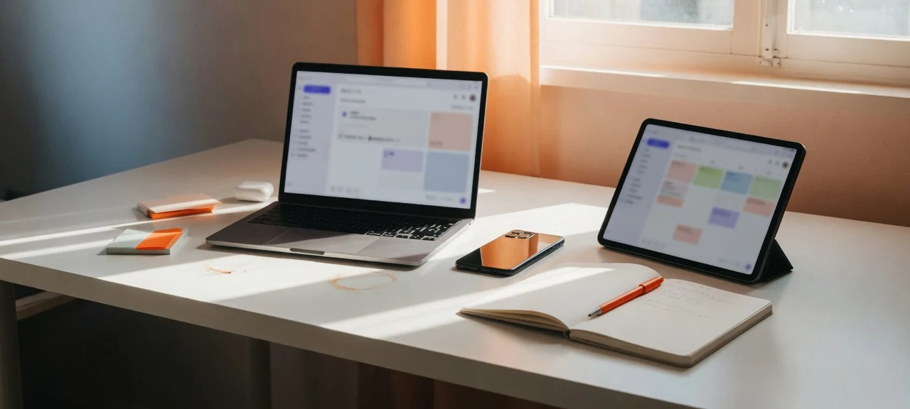A clean modern desk in warm morning light with an open laptop, a tablet on a stand, a smartphone, and a notebook with an orange pen: connected, synced work.