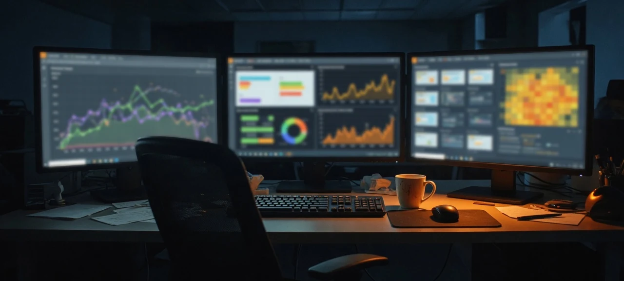 A dim managed-services monitoring desk in the evening, several monitors showing network graphs and dashboards, an empty chair and a coffee mug lit by monitor glow.