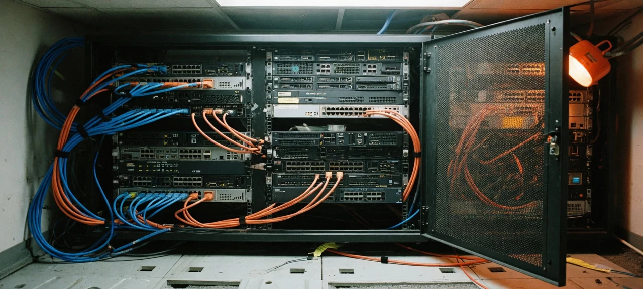 A real open server rack with mixed enterprise switches and servers, blue and orange patch cables neatly dressed down the side, and a perforated door standing open.