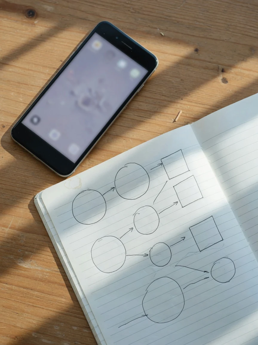 Overhead view of a smartphone on a sunlit wooden desk beside an open notebook of simple pen-drawn circles, boxes and connecting arrows.