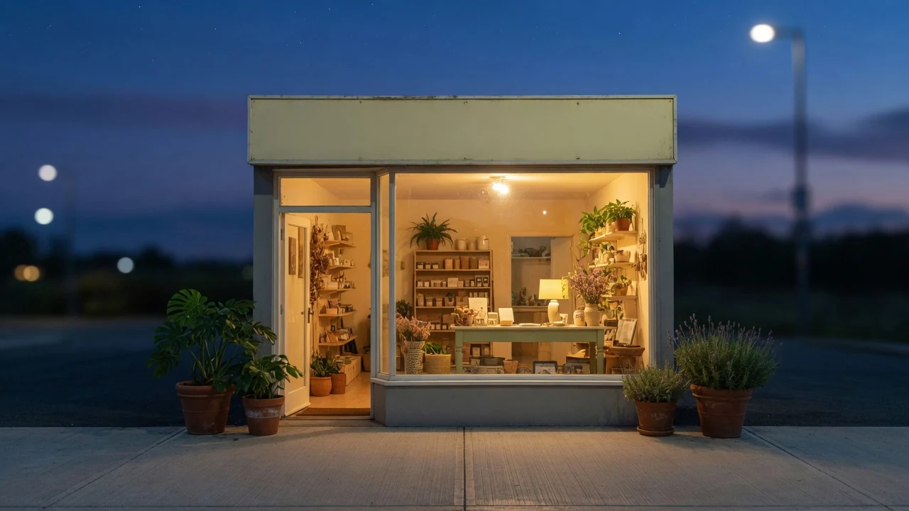 A small independent shopfront at dusk, its large window glowing with warm interior light, potted plants either side of the open door and a deep blue evening sky above.