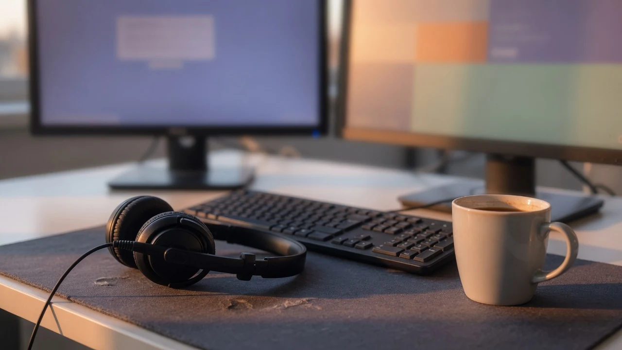 A support desk in late-afternoon light: a headset resting on the desk mat beside a keyboard and a mug, two monitors softly out of focus behind.