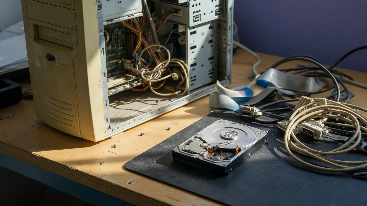 A workbench holding ageing equipment: a yellowed beige desktop tower with its side panel off exposing dusty internals, a bare mechanical hard drive on an anti-static mat, and coiled obsolete ribbon and serial cables.