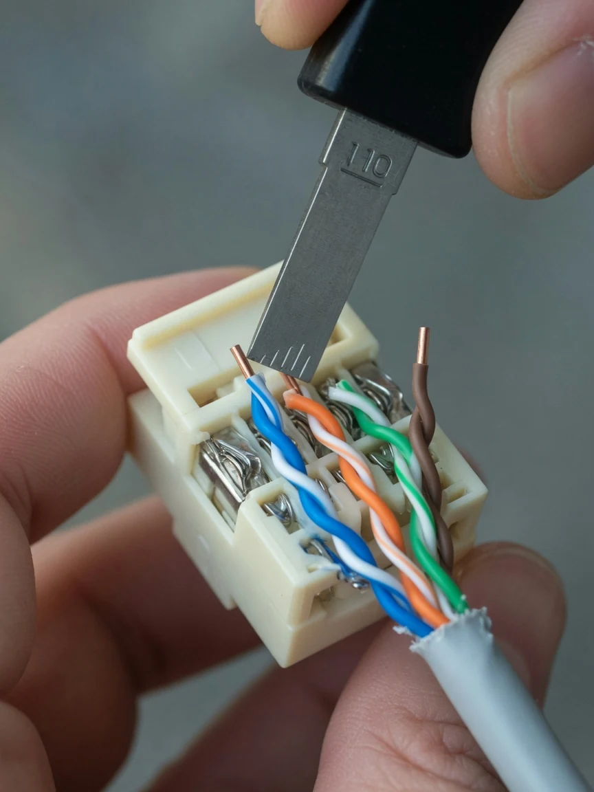 A punch-down tool seating the four color-coded pairs of a Cat6 cable into the metal terminals of a keystone jack, held in a technician's hand, copper in crisp focus.