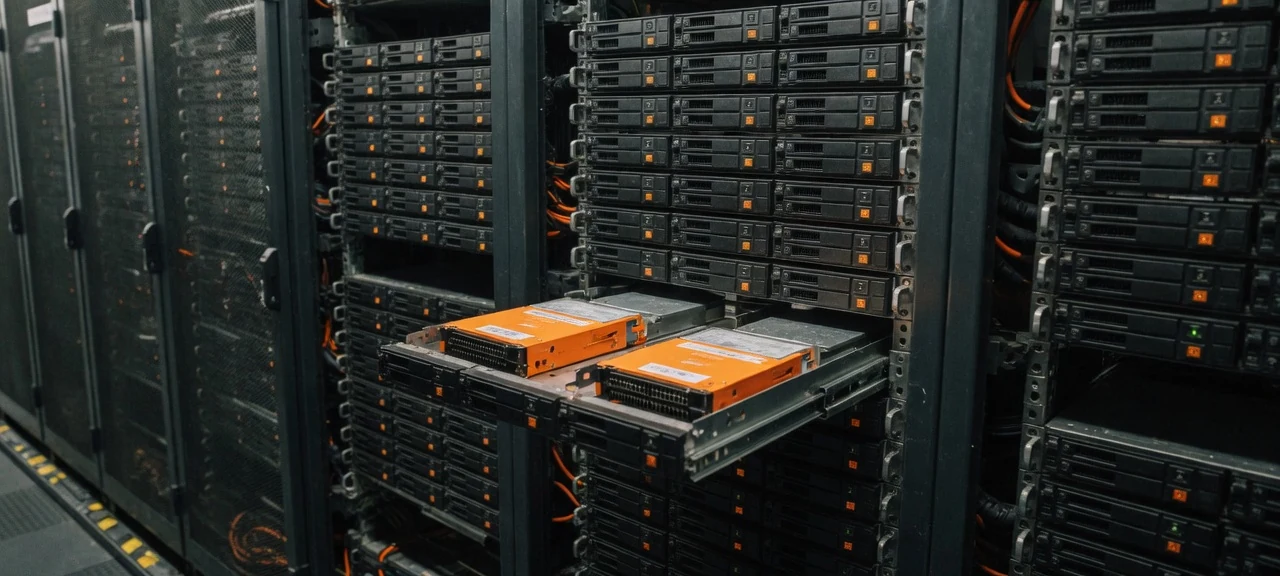 A dense backup storage array of identical drive bays inside a secured rack enclosure, with two orange drive trays pulled out on rails revealing the carriers.