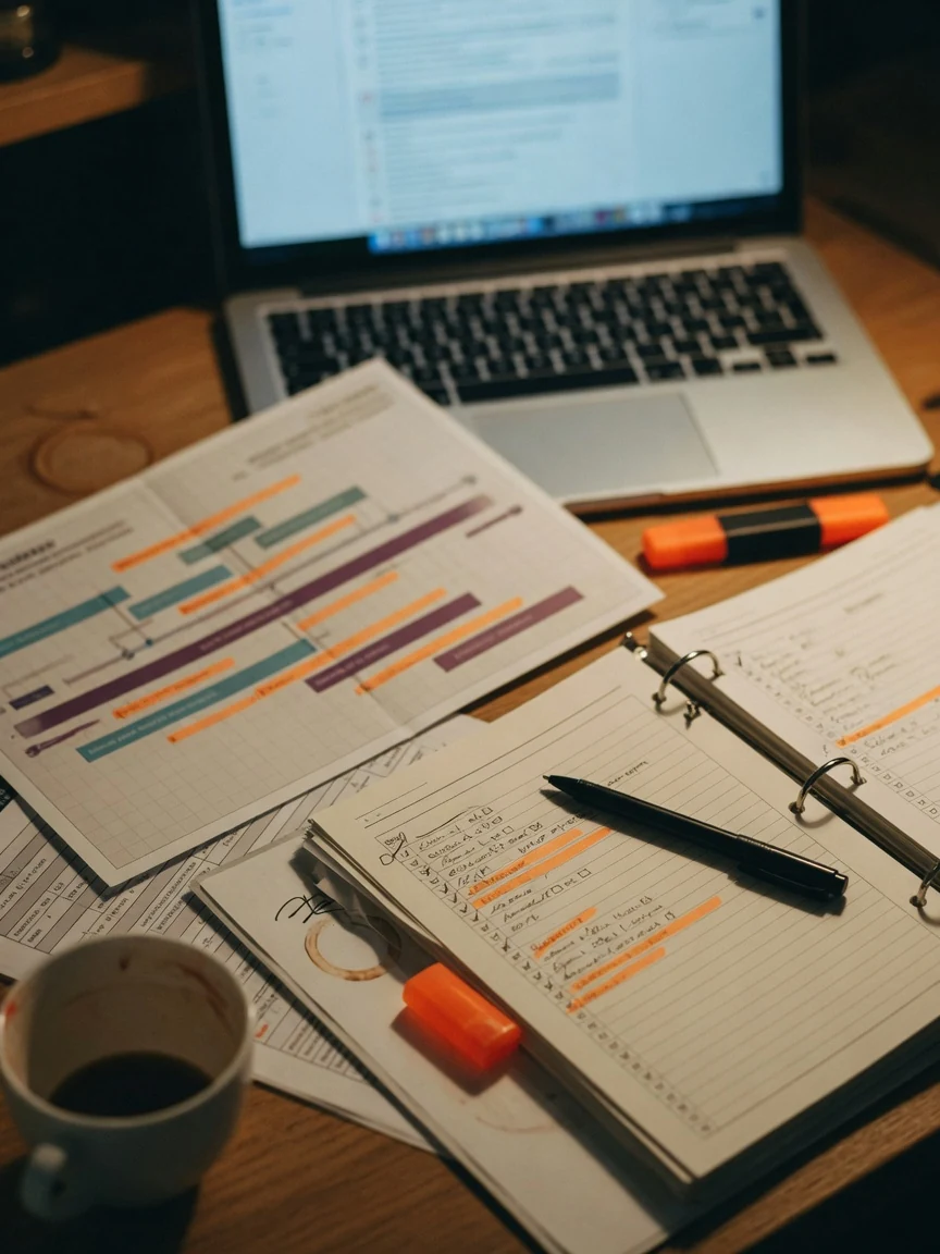 A printed IT roadmap and a compliance checklist binder on a desk with a pen and highlighter, a laptop soft in the background.