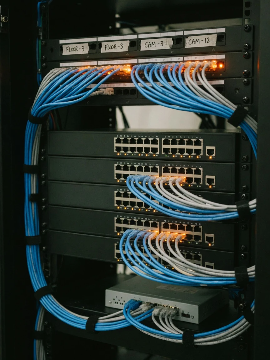 A network rack with stacked PoE switches, a labeled patch panel, and neatly bundled blue and gray cables feeding down to a small voice gateway appliance.