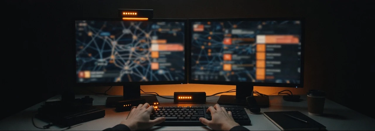 A dark security operations watch desk, dual monitors showing blurred network topology and alert panels, hands on a keyboard lit by restrained amber status LEDs.