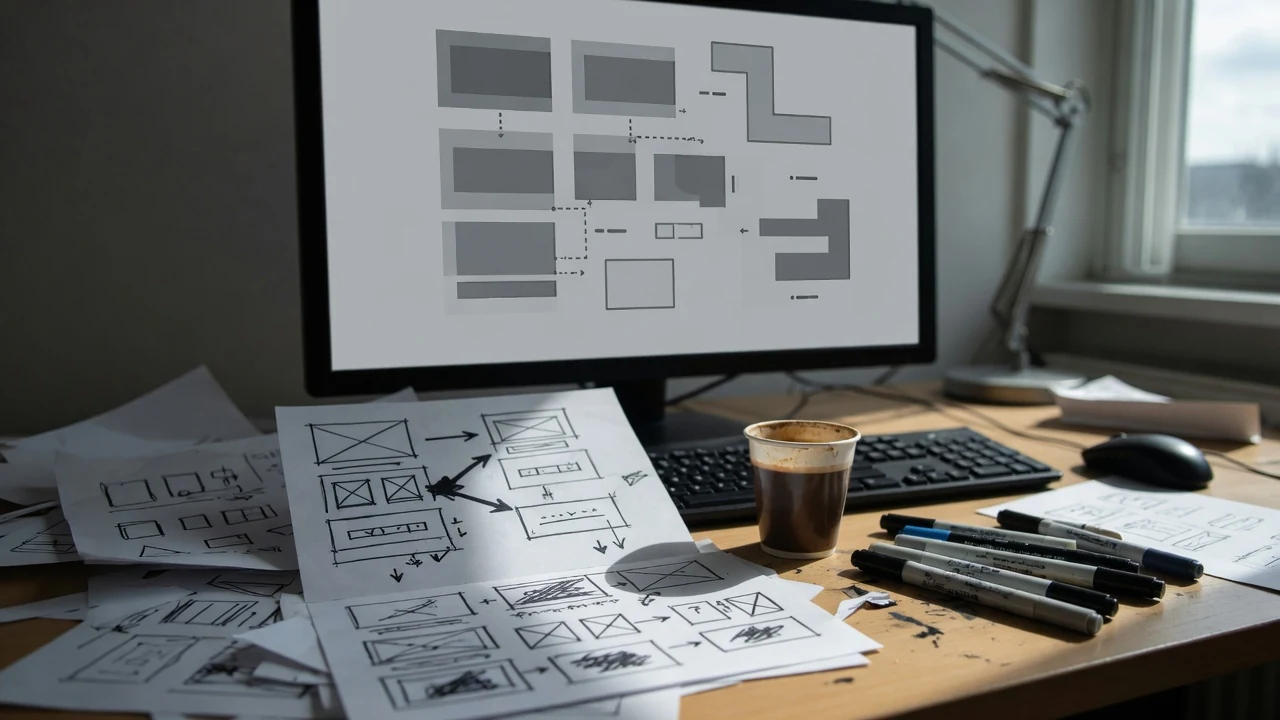 A designer's desk in daylight: a monitor showing a gray blocky wireframe layout, hand-drawn page sketches with arrows spread across the desk, markers and a coffee cup.